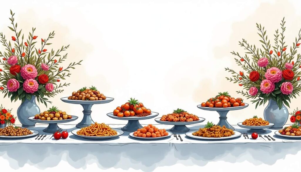 A beautifully arranged banquet table featuring an array of gourmet dishes