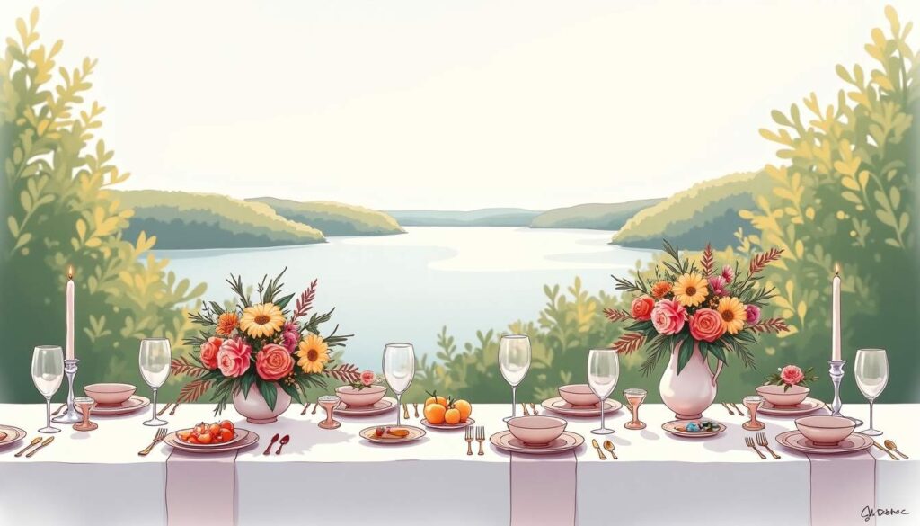 A beautifully arranged banquet table adorned with elegant dishes