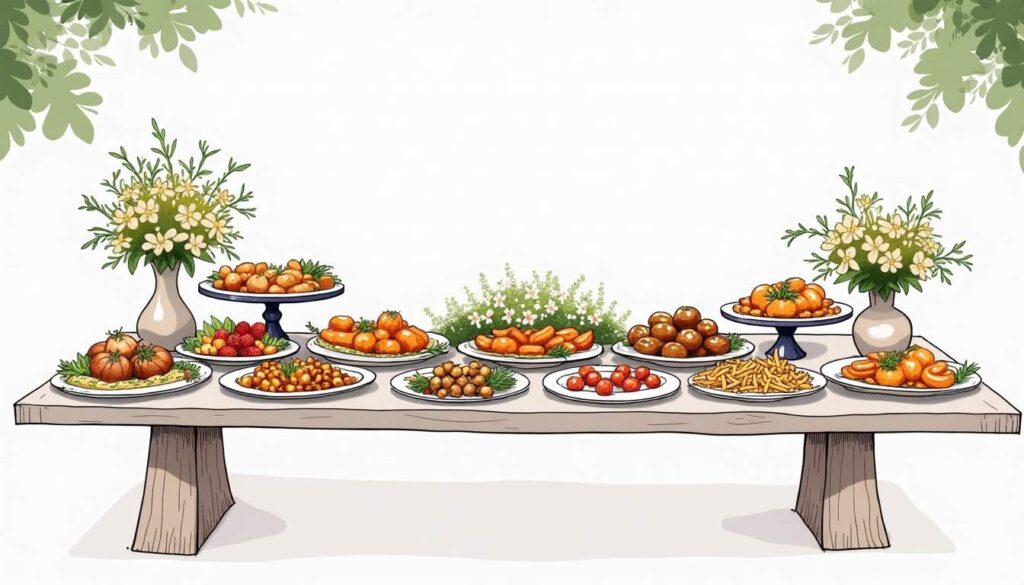 A beautifully arranged banquet table featuring an array of gourmet dishes