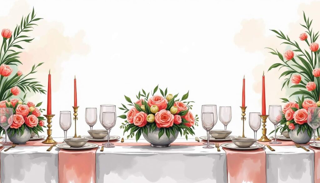 A beautifully arranged wedding banquet table featuring elegant dishes